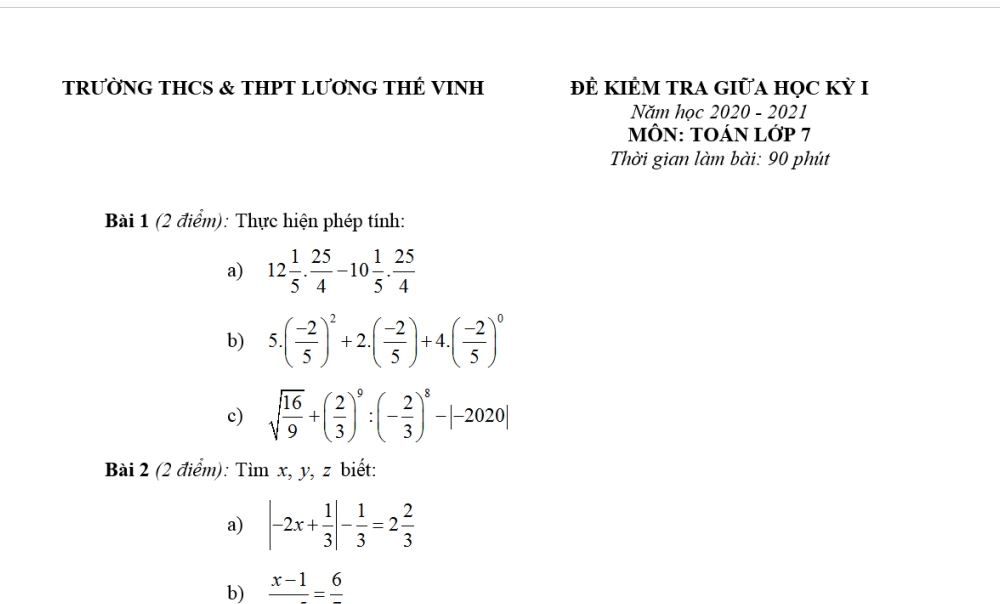 Toán 7: Đề kiểm tra giữa học kỳ 1. Trường THCS & THPT Lương Thế Vinh năm học 2020-2021